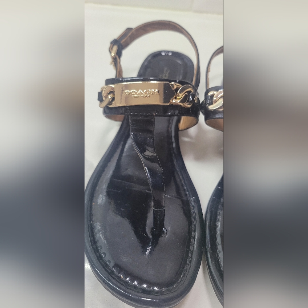 Coach Black Patent Leather T-Strap Sandals with Gold Plaque - Picture 2 of 10